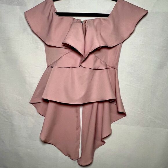 nWOt Hello Miss Women's Large Off Shoulder High Low Pink Ruffle Blouse - Picture 7 of 11